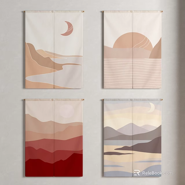 Modern Nature Pattern Curtains With Mountain Moon Sun And Soft Colors 3d model
