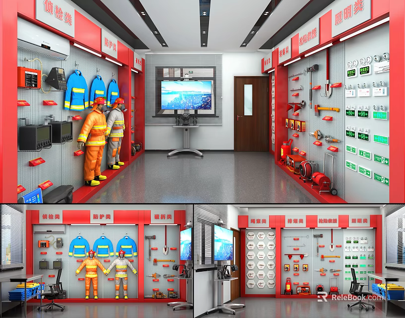 Safety Equipment Exhibition Room With Suits Helmets Tools And Display Screens 3d model 