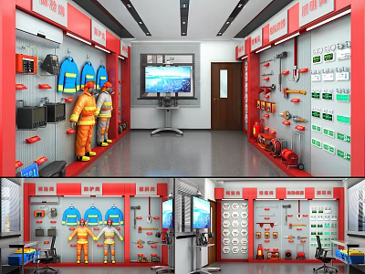 Safety Equipment Exhibition Room With Suits Helmets Tools And Display Screens 3d model