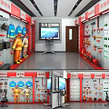 Safety Equipment Exhibition Room With Suits Helmets Tools And Display Screens