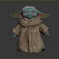Baby Yoda Green Alien With Big Eyes In Brown Robe Standing On Dark Backdrop