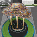 Garden Ornament With Mushroom Shaped Canopies Colorful Patterns Supporting Pillars And Palm Trees
