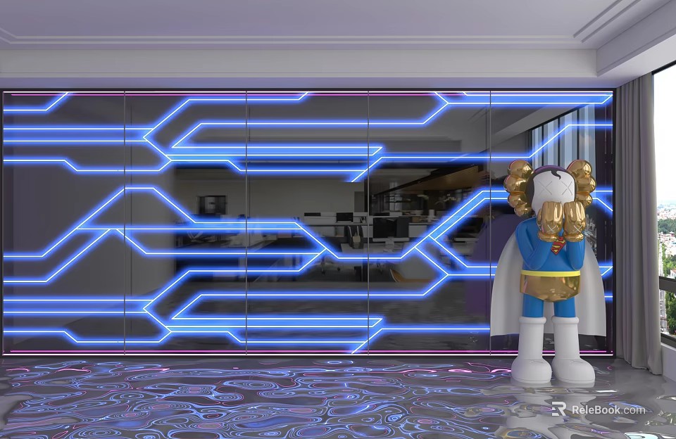 Contemporary Glass Background Wall With Geometric Blue Neon Lines And Decorative Cartoon Sculpture Interior 3d model 