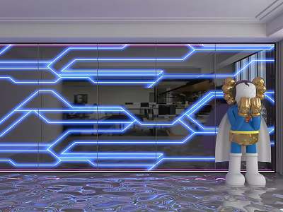 Contemporary Glass Background Wall With Geometric Blue Neon Lines And Decorative Cartoon Sculpture Interior 3d model