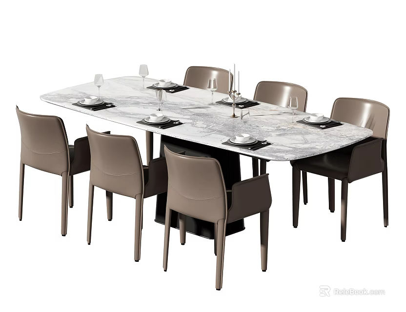 Modern Dining Table Set With Marble Top And Six Gray Chairs 3d model