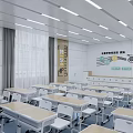 Modern School Classroom Interior With Desks Large Screen Wooden Walls And Ceiling Lights