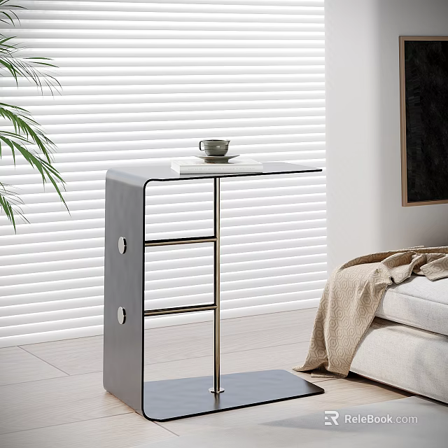 Modern Side Table With Metal Frame And Sleek Top Near Sofa Plant And Blinds 3d model 