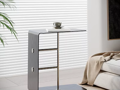 Modern Side Table With Metal Frame And Sleek Top Near Sofa Plant And Blinds 3d model