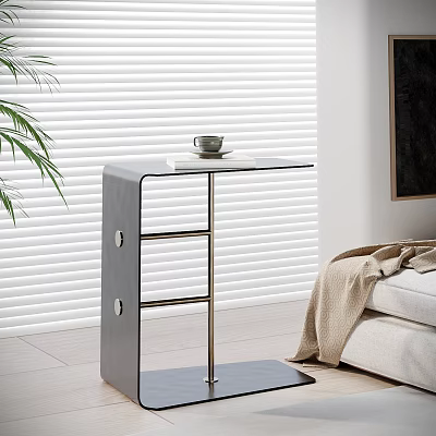 Modern Side Table With Metal Frame And Sleek Top Near Sofa Plant And Blinds 3d model