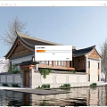 Traditional Chinese Style Rural Self Built House By Water With Stone Wall And Green Plants