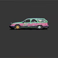 Colorful Graffiti Station Wagon With Pink Green Purple And Side Figure Design On Circular Pavement