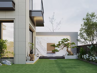 Modern Detached Villa Exterior With Courtyard Green Lawn Water Feature And Plants 3d model