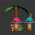 Lush Green Palm Tree With Colorful Mushrooms And Vine Plants Scene