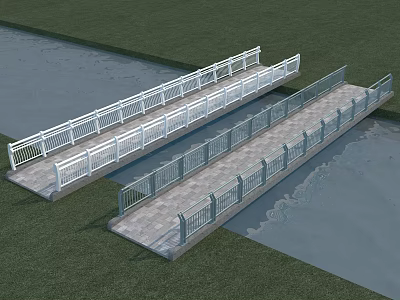 Two Bridges With Stone Paved Walkway And White Railings Over Water And Green Grass 3d model