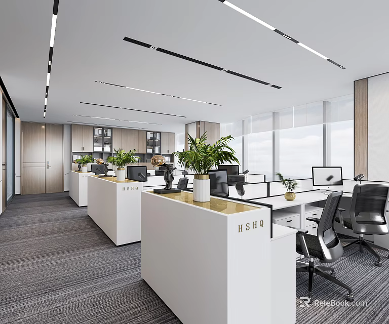 Modern Public Office Space With Bright Workstations Ergonomic Chairs And Desk Plants 3d model 