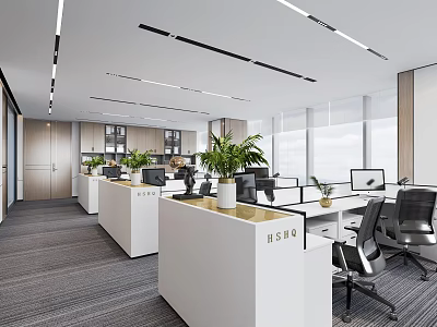 Modern Public Office Space With Bright Workstations Ergonomic Chairs And Desk Plants 3d model
