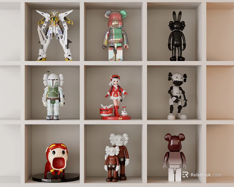 Colorful Collectible Dolls With Various Designs On White Display Shelves 3d model 