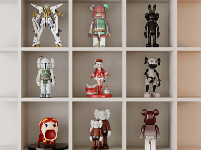 Colorful Collectible Dolls With Various Designs On White Display Shelves 3d model