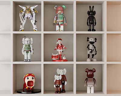 Colorful Collectible Dolls With Various Designs On White Display Shelves 3d model
