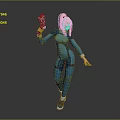 3D Render of Blonde Female Character in Blue Bodysuit Holding Gun and Wearing Roller Skates