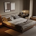 Modern Bedroom Interior Design With Wooden Bed Warm Tones Table Lamp Wall Art And Rug
