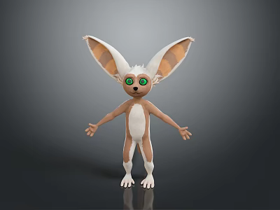 3D Anthropomorphic Creature Character With Large Ears Green Eyes Open Arms Brown White Standing Pose 3d model
