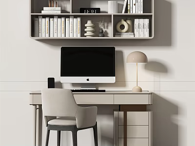 Modern Home Office Desk With Computer Monitor Table Lamp Bookshelf And Decorative Items 3d model