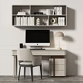 Modern Home Office Desk With Computer Monitor Table Lamp Bookshelf And Decorative Items