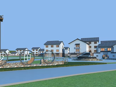 Traditional Rural Self built Houses With White Walls Sloped Roofs And Green Lawns 3d model