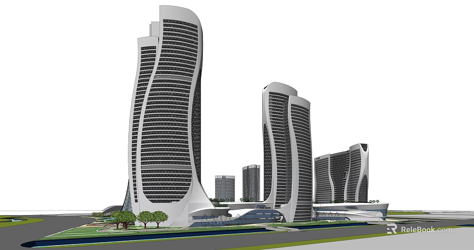 Modern Curved White Office Buildings With Surrounding Low Rise Structures And Landscaping 3d model 