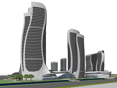 Modern Curved White Office Buildings With Surrounding Low Rise Structures And Landscaping 3d model