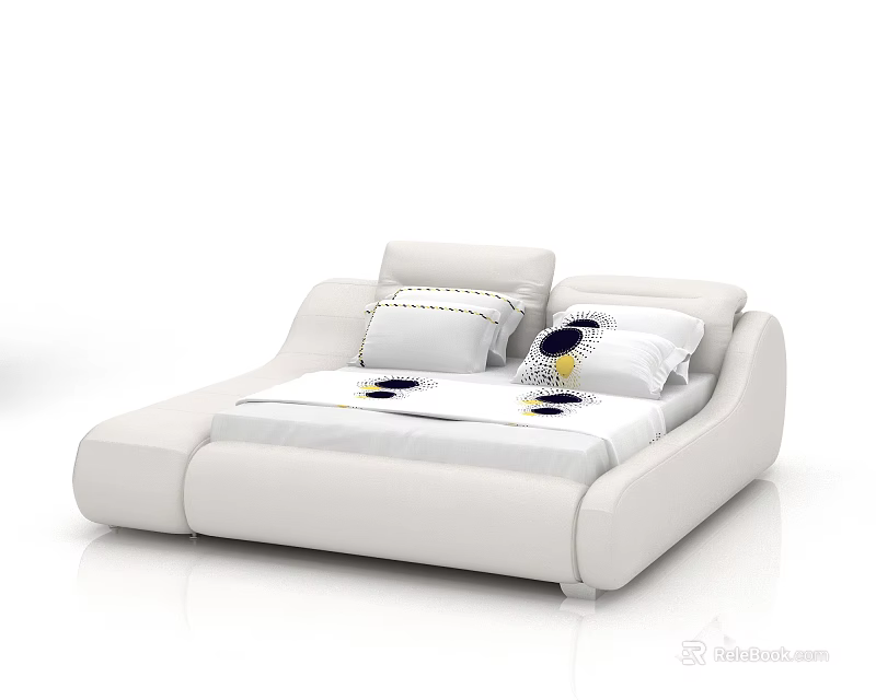 Modern White Double Bed with Sleek Design and Patterned Pillows 3d model 