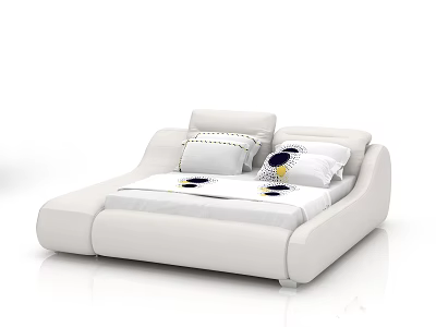 Modern White Double Bed with Sleek Design and Patterned Pillows 3d model