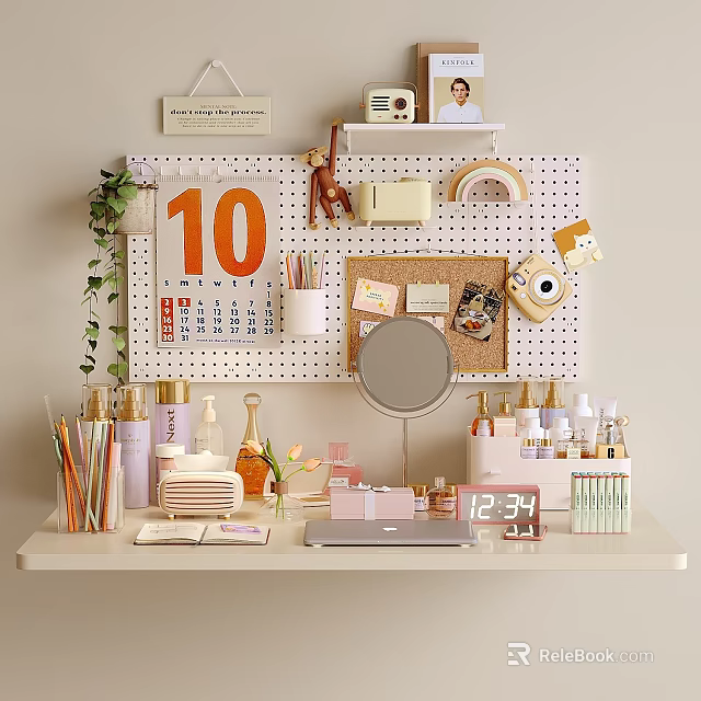 Organized Dressing Table Setup With Calendar Cork Board Small Mirror Cosmetics And Green Plant 3d model 