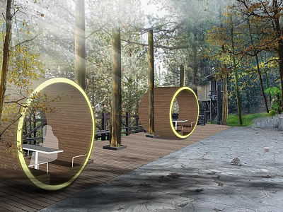 Modern Circular Wooden Landscape Seats In Outdoor Forest With Natural Trees And Sunlight 3d model