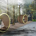 Modern Circular Wooden Landscape Seats In Outdoor Forest With Natural Trees And Sunlight