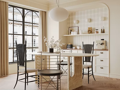 Elegant Restaurant Interior Featuring Large Windows Curtains Pendant Light Shelves Tables Chairs And Wooden Floor 3d model