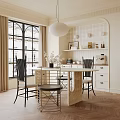 Elegant Restaurant Interior Featuring Large Windows Curtains Pendant Light Shelves Tables Chairs And Wooden Floor