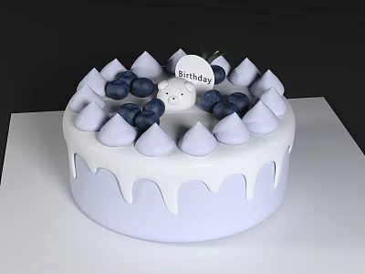 Yummy Birthday Cake With White Cream Drizzle Blueberries Bear Topper And Tag 3d model