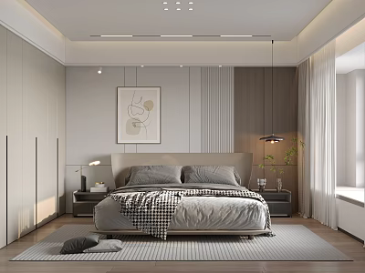 Modern Bedroom Interior With Grey Bed Built in Wardrobes Hanging Pendant Light and Abstract Wall Art 3d model