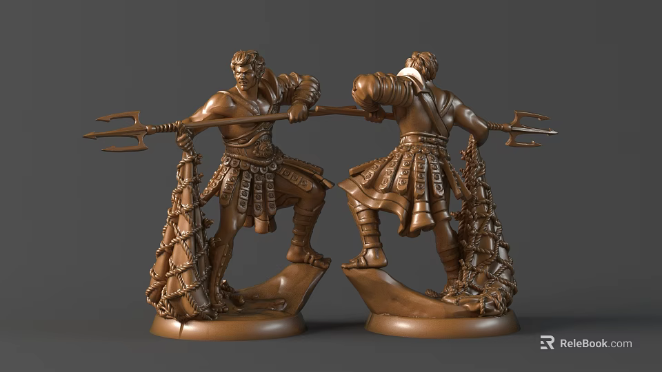 Detailed Hand Carved Bronze Mythological Warrior Sculptures With Trident Decorative Armor And Intricate Base 3d model 