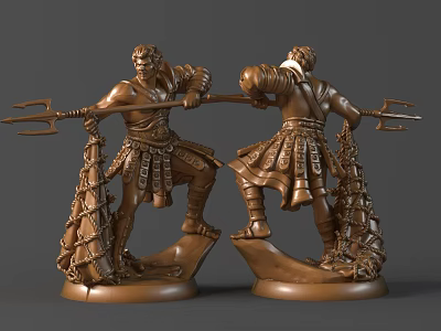 Detailed Hand Carved Bronze Mythological Warrior Sculptures With Trident Decorative Armor And Intricate Base 3d model