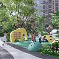 Fun Children's Play Area With Elephant Sculpture Green Plants And Kids Playing Near Tall Buildings