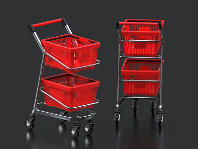 Red Shopping Carts With Multi Tier Baskets Red Handles And Wheels On Black Background 3d model