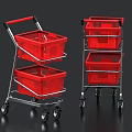 Red Shopping Carts With Multi Tier Baskets Red Handles And Wheels On Black Background