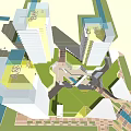 Modern Commercial Complex With High Rise Buildings Low Rise Structures Plaza Water Feature Green Spaces
