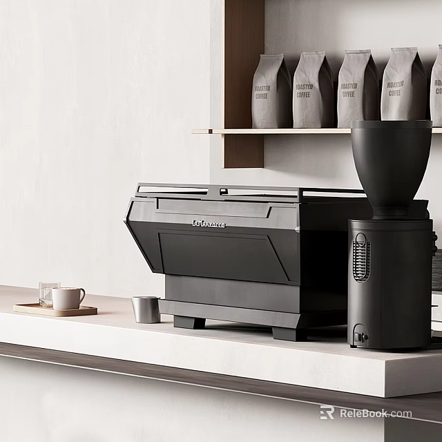 Black Philips Coffee Machine And Grinder On Kitchen Countertop With Coffee Bags And Cups 3d model 