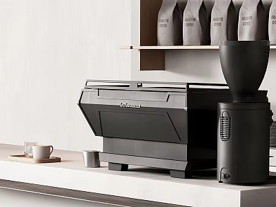 Black Philips Coffee Machine And Grinder On Kitchen Countertop With Coffee Bags And Cups 3d model