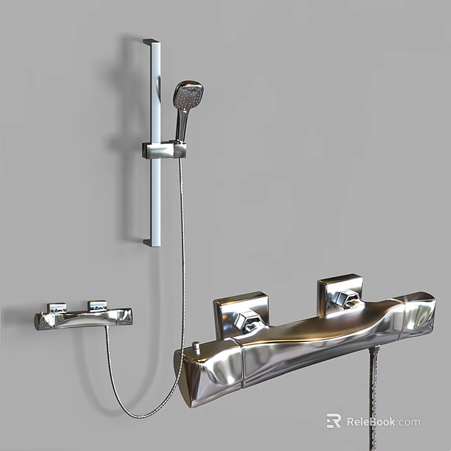 Chrome Shower Head with Handheld Sprayer Wall Mounted Control Valves and Modern Design 3d model 