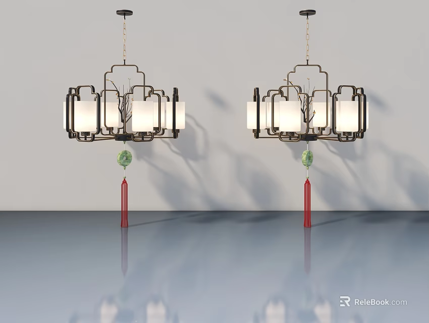 Hinged Door Design With Black Frame Pendant Lamps White Lampshades And Red Tassels 3d model 